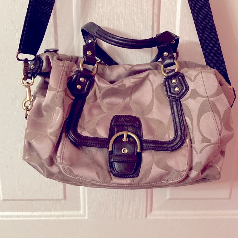 COACH PURSE. Tan & brown. Brown strap, handles and trim. Front of purse pocket